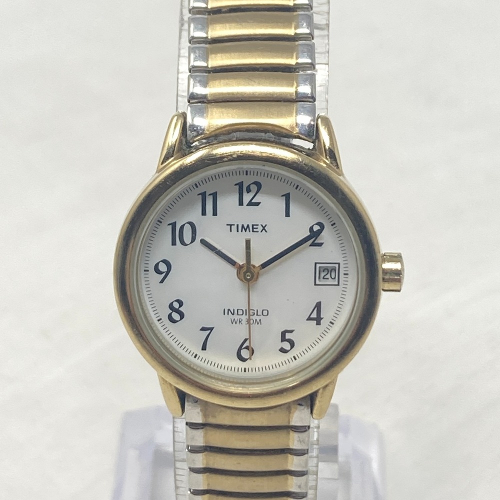 Timex Easy Reader Watch Women Gold Silver Tone Date Indiglo New Batter TINY 5.5"